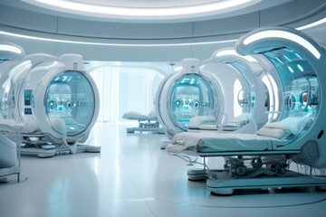 Futuristic white hospital with robots, glass and light