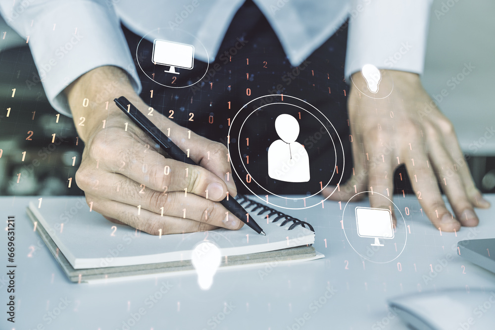 Poster double exposure of social network icons concept with hand writing in notebook on background with lap