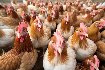 Many chickens waiting to be fed up, they are looking at the camera - obrazy, fototapety, plakaty