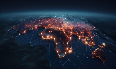 The world at night with illuminated cities and a network of lights