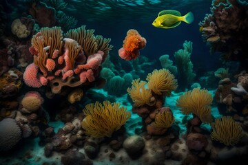 under water  plants and  orange fishes wondering in underwater plants 