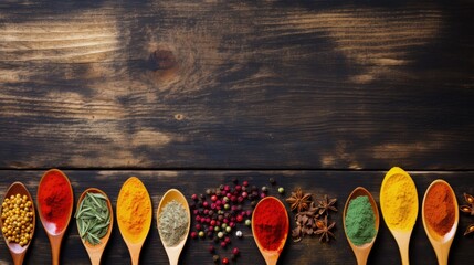 variety Indian seasonings spices background on table