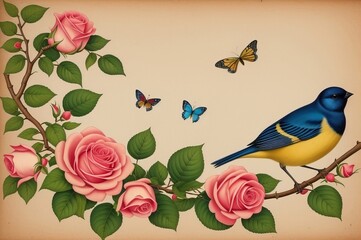 painting of a bird in bright, beautiful colors among flowers, roses, branches and butterflies, vintage drawing in a Japanese style. AI Generated