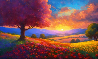 autumn, landscape, hill, sky, sunrise, sunset, nature, forest, tree, field, leaf, leaves, season, sunlight, beautiful, stunning, digital, painting, impressionist, colorful, clouds, flower, flowers