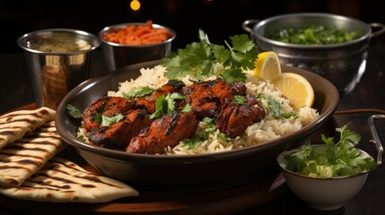 Indian Cuisine Tandoori Chicken with naan bread or jasmine rice
