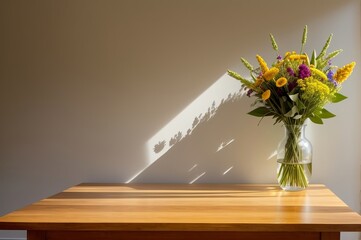 Wooden table with vase with bouquet of dried flowers near empty, blank wall. AI Generated