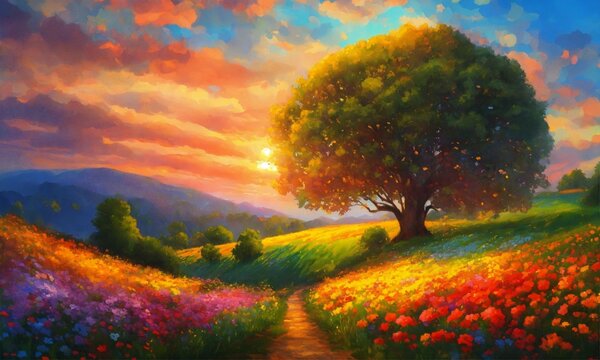 autumn, landscape, hill, sky, sunrise, sunset, nature, forest, tree, field, leaf, leaves, season, sunlight, beautiful, stunning, digital, painting, impressionist, colorful, clouds, flower, flowers