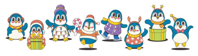 Holiday Christmas Retro Groove Style Penguins. Dapper Birds Bring Vintage Charm To Festive Celebrations
