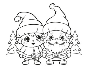 Coloring Page Outline of cartoon Santa Claus and elf. Vector illustration.