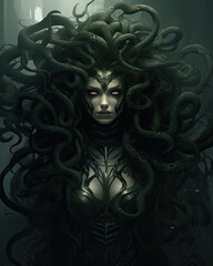 Medusa, a creature from Greek mythology and known for turning those who looked at her into stone. Medusa has snake hair.