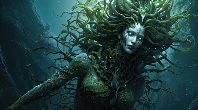Medusa, a creature from Greek mythology and known for turning those who looked at her into stone. Medusa has snake hair.