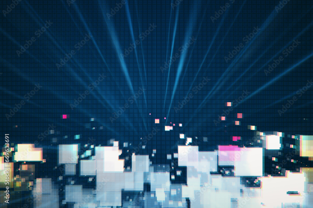 Poster creative pixels on abstract dark blue wallpaper. landing page and innovation concept. 3d rendering.