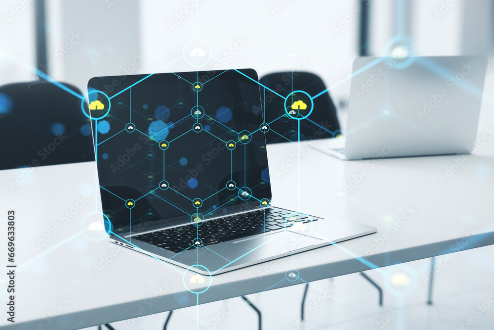 Poster Close up of laptop on coworking office desk with creative glowing hexagonal pattern with tiny padlocks on blurry background. Digital security and firewall concept. Double exposure.