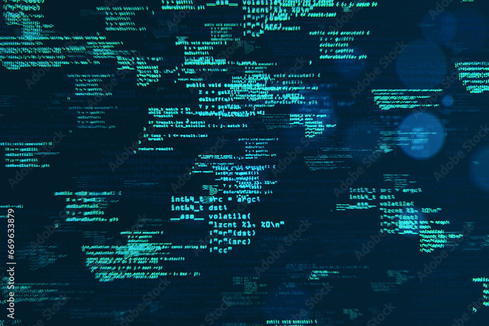 Aufkleber Creative coding html language on blurry wallpaper. Web developer and programming concept.