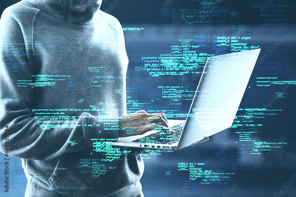 Poster Close up of hacker using laptop with creative coding html language on blurry office interior background. Web developer, hacking, malware and programming concept. Double exposure.
