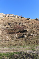 A grassy hill with a rock wall