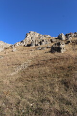 A grassy area with rocks and a hill in the background