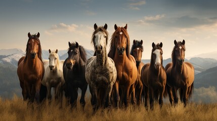 Wild Mustangs Band on Open Range Majestic Group of Diverse Horses Standing Together Against Mountainous Backdrop at Sunset - Untamed Beauty of Nature - obrazy, fototapety, plakaty