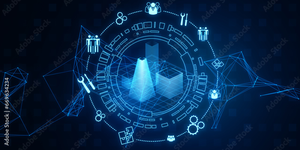 Aufkleber creative digital architectural project, round wireframe sketch with polygonal mesh and icons on blur
