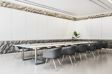 Modern meeting room interior with stone decor, concrete flooring and mock up place on plank walls. 3D Rendering.