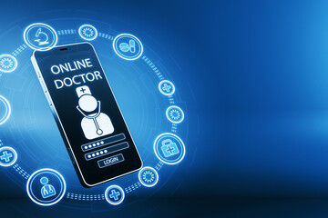 Close up of smartphone with abstract medical hologram, doctor with stethoscope and other icons on blue background with mock up place. Digital healthcare and online technology concept. 3D Rendering. - obrazy, fototapety, plakaty