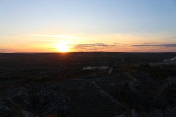 A city landscape at sunset