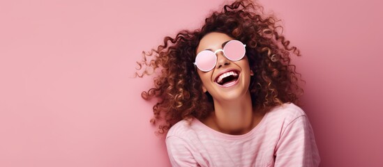 Joyful young woman with tattoos curly hair and sleep mask happily hopping while holding a pillow over a pink background - obrazy, fototapety, plakaty