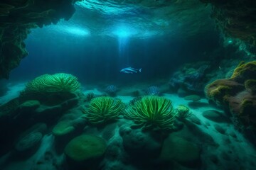 a mystical underwater grotto filled with bioluminescent creatures and otherworldly plants .