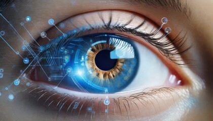 An AI illustration of an eye with technological dots in the iris and an eye chart in front