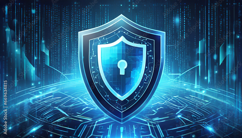 Poster futuristic cyber security shield guard blue abstract digital glowing background. hacking technology 