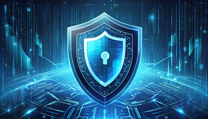 Futuristic cyber security shield guard blue abstract digital glowing background. Hacking technology computer network protection concept. Cybersecurity system tech sign symbol.