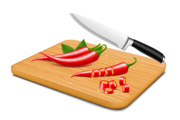 Cutting red chili pepper on the cutting board, isolated on white background. Sliced tasty chili pepper on wooden beech cutting board with knife. Realistic 3d vector illustration