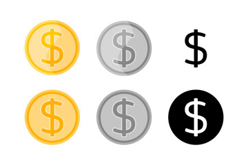 Dollar sign icons isolated. Vector set of golden, silver coins and monochrome black and white dollar symbol. Flat design elements