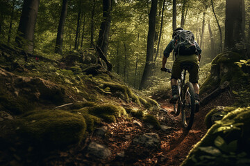 Back of man ride Mountain biking in the forest landscape, up and down hill, in summer season.
