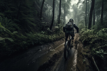 Back of man ride Mountain biking in the forest landscape, up and down hill, in summer season. - obrazy, fototapety, plakaty