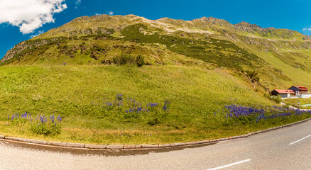 High resolution stitched alpine summer panorama at Kops reservoir, Sylvretta-High-Alps-Street,...