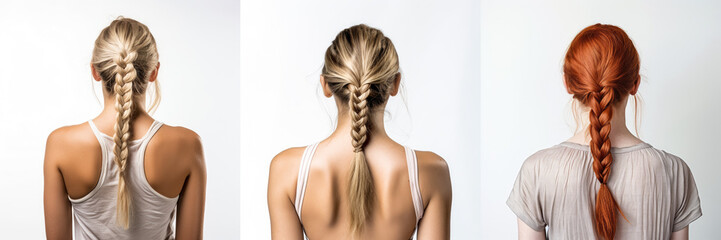 Braid ponytail haircut for woman with different hair colour. View from behind on white background. Generative AI - obrazy, fototapety, plakaty