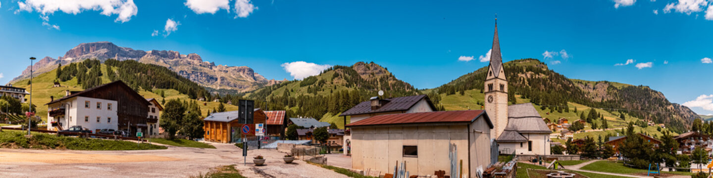 High resolution stitched alpine summer panorama near Arabba, Livinallongo del Col di Lana, Belluno, Veneto, Italy