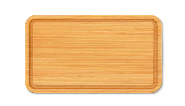 New rectangular wooden cutting board, top view, isolated on white background. Trays or plate of rectangular shapes, natural, eco-friendly kitchen utensils, realistic 3d vector illustration.