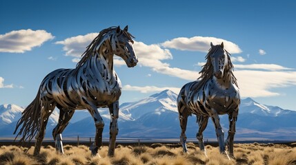 Oregon. Metal sculpture of mustang horses in field, Sisters Mountains in the background