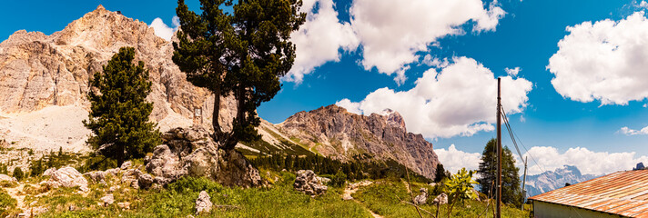 High resolution stitched alpine summer panorama near Mount Lagazuoi, Dolomites, Belluno, Veneto,...