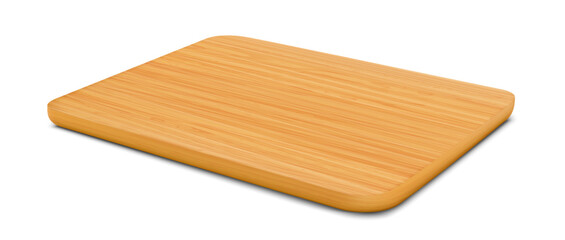 New rectangular wooden cutting board, side view, isolated on white background. Trays or plate of rectangular shapes, natural, eco-friendly kitchen utensils, realistic 3d vector illustration.