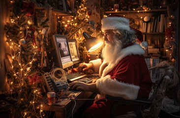 Fototapeta na wymiar old man with a santa hat at the computer