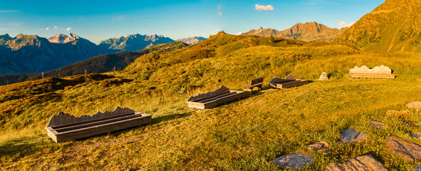 High resolution stitched alpine summer panorama at Mount Hochjoch, Schruns, Bludenz, Montafon,...