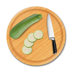 Cutting of raw zucchini on a cutting board into thin slices, isolated on white background. Cooking food from fresh vegetables. Sliced zucchini on wooden cutting board with knife. Realistic 3d vector