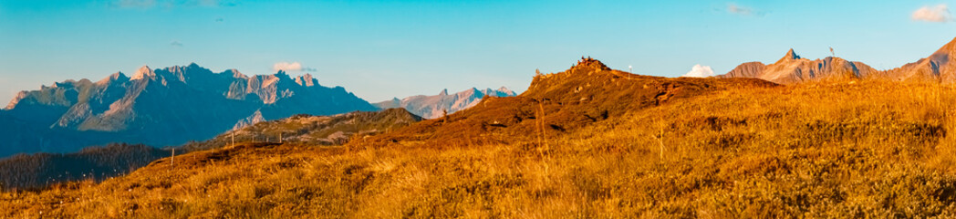 High resolution stitched alpine summer panorama at Mount Hochjoch, Schruns, Bludenz, Montafon, Sylvretta, Austria