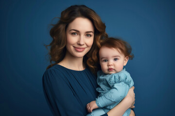 Mother lovingly hugs her son on blue background