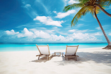 Two luxury sun loungers on a tropical white sand beach