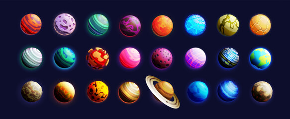 Cartoon outer space. Galaxy planets. Solar system. Universe exploration. Earth and Saturn. Mars sphere. Cosmic asteroid. Gradient game stickers. Color cosmos stars. Vector extraterrestrial icons set © Natalia