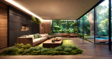 Living room in a peaceful jungle environment